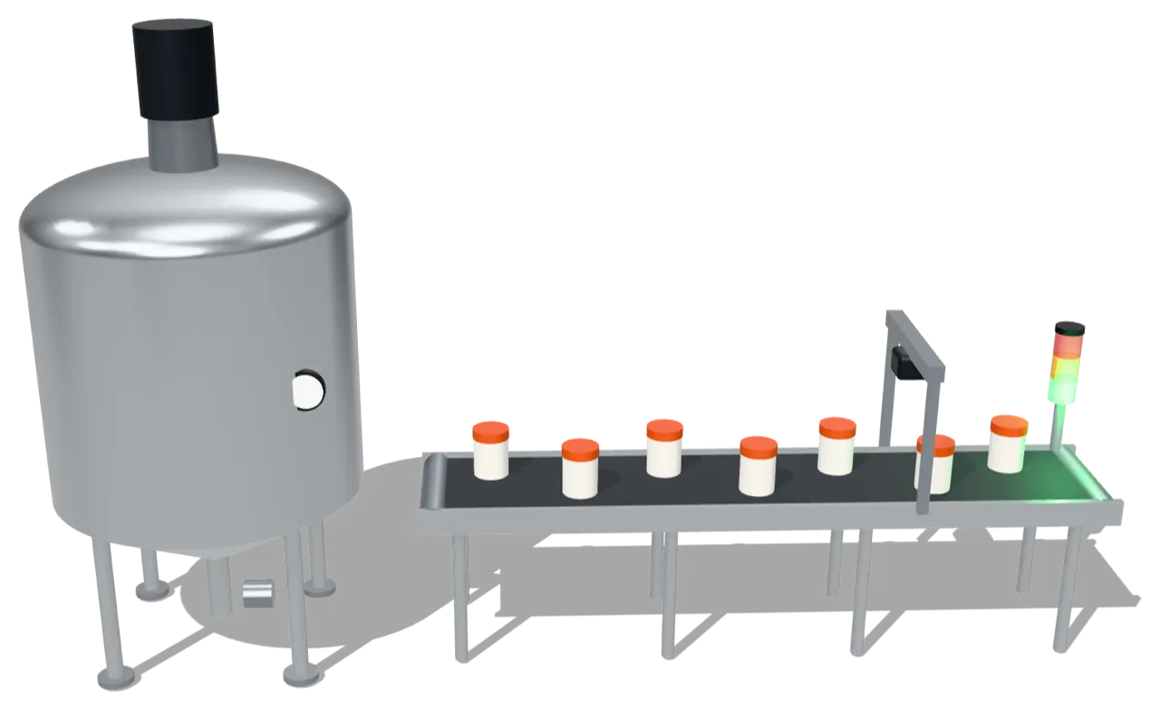 A stainless steel process vessel feeding a conveyor of filled jars past an inspection gate.