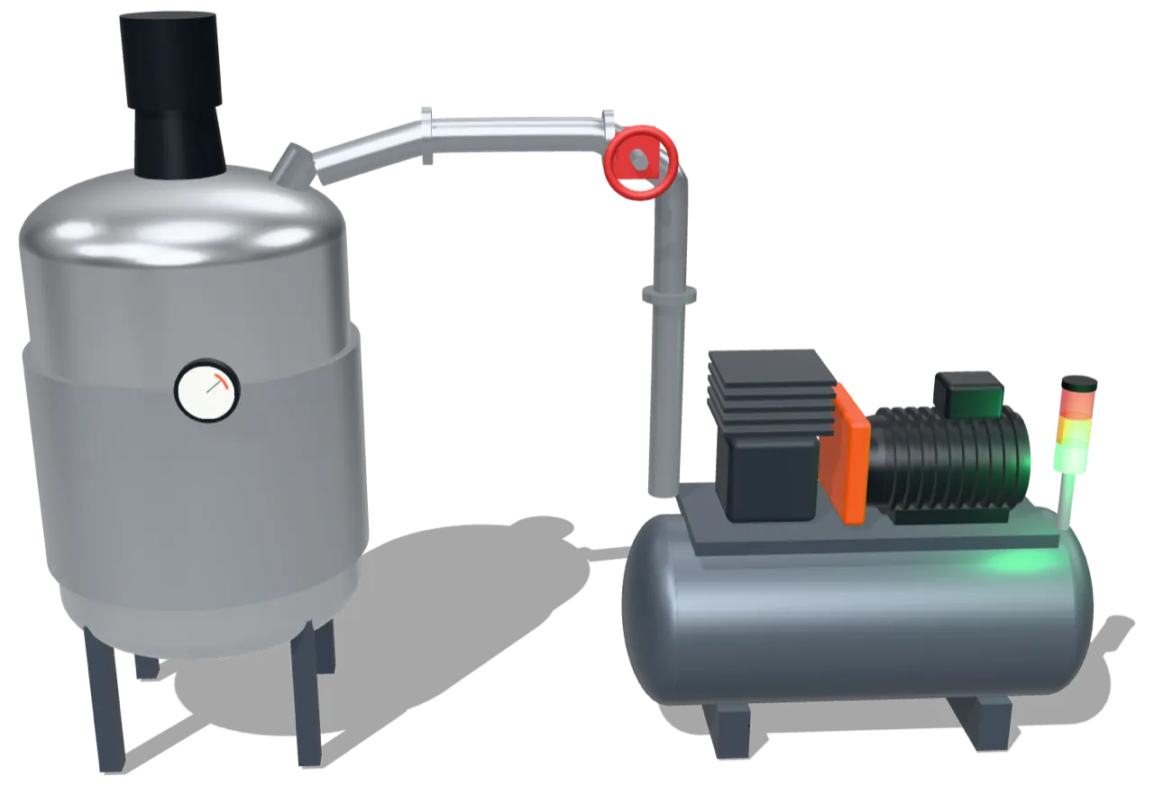 A process vessel with a pressure gauge, piped through a valve to a compressor skid.